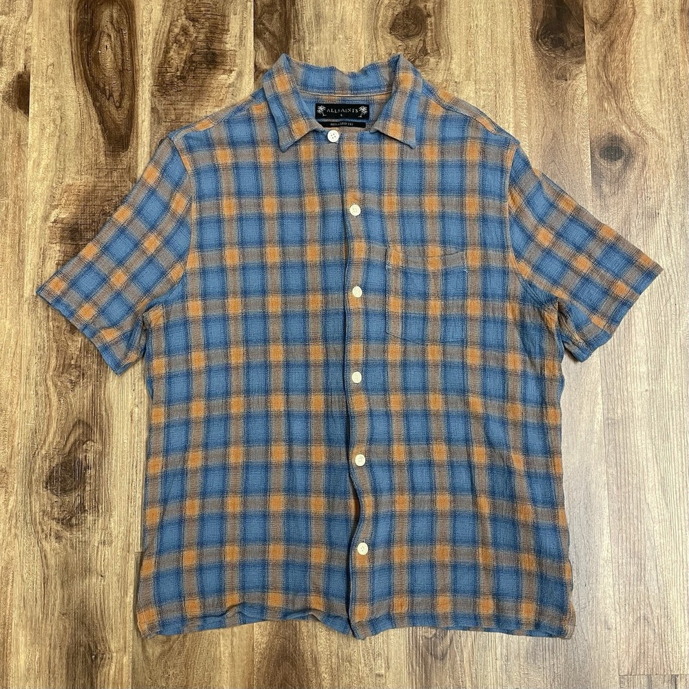 ALLSAINTS Talaia Camp Shirt Mens Large Blue Orange Plaid Loop Collar Relaxed